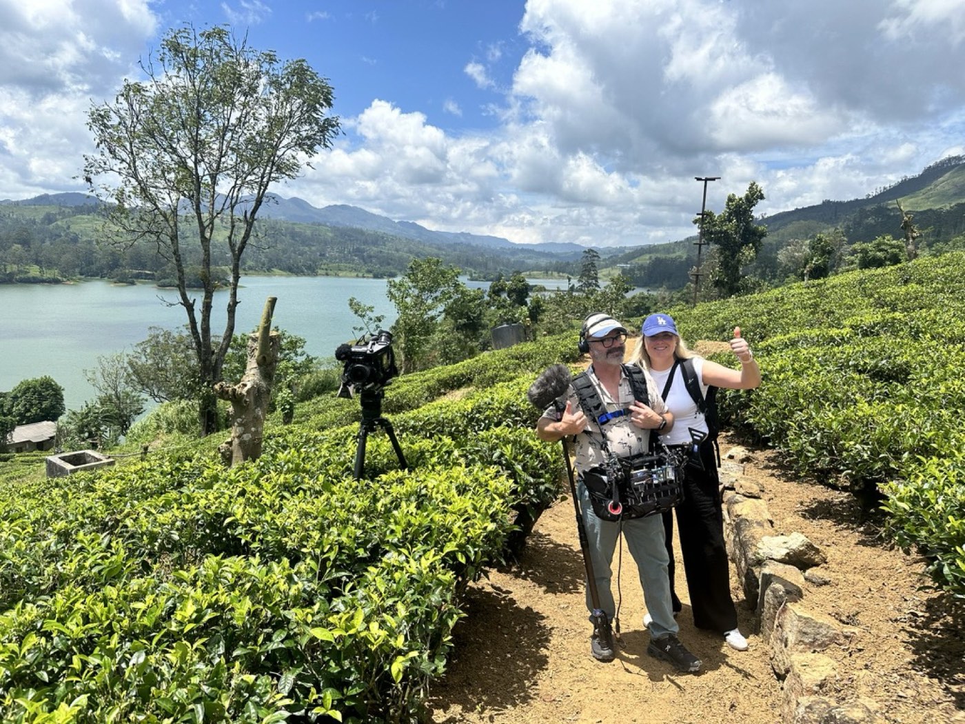 Wayne with sound bag and a presenter in Sri Lankan tea country